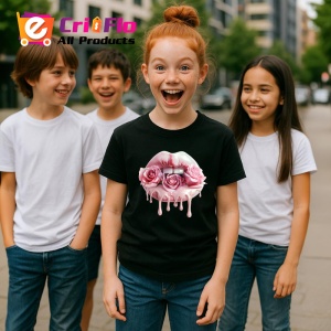 Tricou Buze crem cu trandafiri roz delicati, Lip gloss, Copii | Dama, culoare negru - Img 6