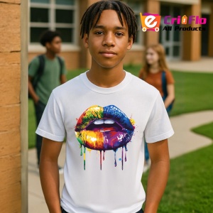 Tricou Buze curcubeu cu efecte de vopsea fundal albastru Copii | Dama | Barbat - Img 4