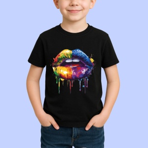 Tricou Buze curcubeu cu efecte de vopsea fundal albastru Copii | Dama | Barbat, culoare negru - Img 4