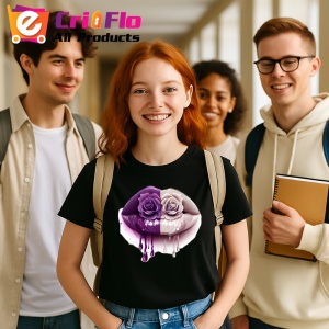 Tricou Buze femeie alb-violet cu trandafiri asortati, Lip gloss, Copii | Dama, culoare negru - Img 4