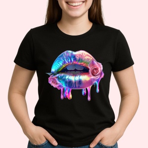 Tricou Buze femeie colorate cu trandafiri in nuante calde, Lip gloss, Copii | Dama, culoare negru - Img 3