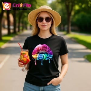 Tricou Buze femeie cu trandafir roz si stropi mov, Lip gloss, Copii | Dama, culoare negru - Img 9