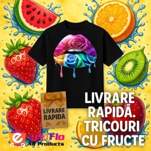 Tricou Buze femeie cu trandafir roz si stropi mov, Lip gloss, Copii | Dama, culoare negru - Img 12