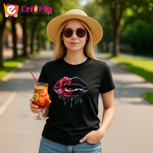 Tricou Buze femeie intense cu trandafiri rosii pictati, Lip gloss, Copii | Dama, culoare negru - Img 3