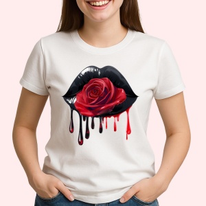 Tricou Buze femeie negre cu doi trandafiri roz inchis, Lip gloss, Copii | Dama - Img 2