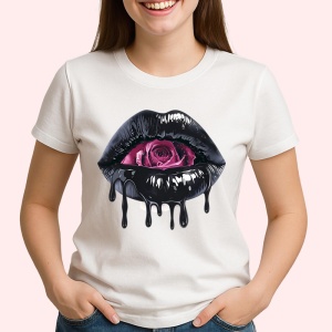 Tricou Buze femeie negre cu trandafir roz deschis, Lip gloss, Copii | Dama - Img 2