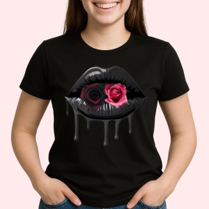 Tricou Buze femeie negre cu trandafir roz deschis, Lip gloss, Copii | Dama, culoare negru - Img 3