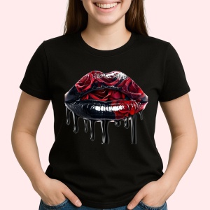 Tricou Buze femeie negre cu trandafiri albi, Lip gloss, Copii | Dama, culoare negru - Img 2