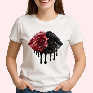 Tricou Buze femeie rosii si negre cu trandafir bicolor, Lip gloss, Copii | Dama