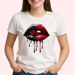 Tricou Buze femeie rosu si alb cu trandafiri duali, Lip gloss, Copii | Dama - Img 2