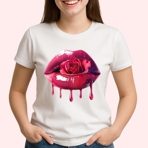 Tricou Buze femeie roz intens cu trandafir rosu si roz, Lip gloss, Copii | Dama