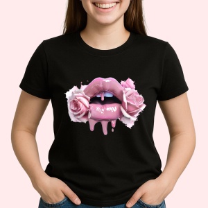 Tricou Buze femeie roz intens cu trandafir rosu si roz, Lip gloss, Copii | Dama, culoare negru - Img 2