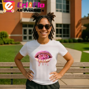 Tricou Buze femeie roz si auriu cu trandafiri roz pal, Lip gloss, Copii | Dama - Img 6