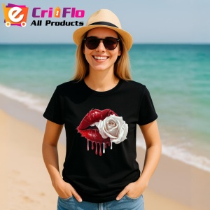 Tricou Buze femeie roz si auriu cu trandafiri roz pal, Lip gloss, Copii | Dama, culoare negru - Img 11