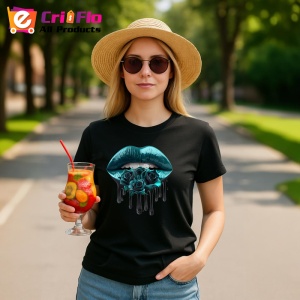 Tricou Buze femeie turcoaz inchis cu trandafiri albastri, Lip gloss, Copii | Dama, culoare negru - Img 3