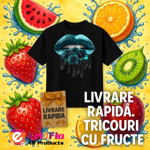 Tricou Buze femeie turcoaz inchis cu trandafiri albastri, Lip gloss, Copii | Dama, culoare negru - Img 6