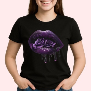 Tricou Buze femeie violet cu trandafiri roz si mov, Lip gloss, Copii | Dama, culoare negru - Img 2