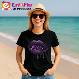 Tricou Buze femeie violet cu trandafiri roz si mov, Lip gloss, Copii | Dama, culoare negru - Img 11