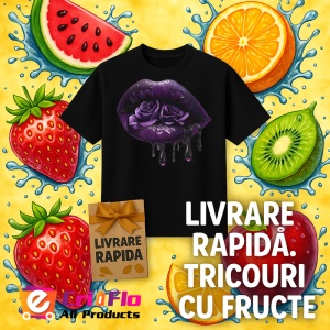 Tricou Buze femeie violet cu trandafiri roz si mov, Lip gloss, Copii | Dama, culoare negru - Img 12