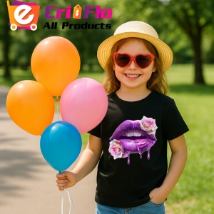 Tricou Buze jumatate rosu jumatate negru cu trandafiri, Lip gloss, Copii | Dama, culoare negru - Img 15