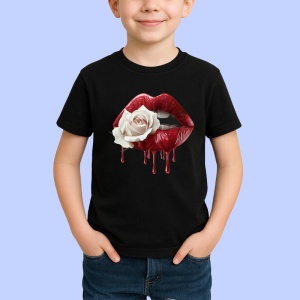 Tricou Buze rosii cu trandafir alb contrastant, Lip gloss, Copii | Dama, culoare negru