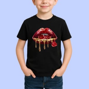 Tricou Buze rosii cu trandafir rosu si sclipici, Lip gloss, Copii | Dama, culoare negru - Img 2