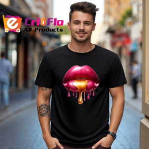 Tricou Buze rosii lucioase cu efect lichid fundal alb Copii | Dama | Barbat, culoare negru