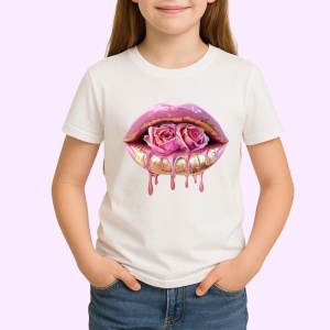 Tricou Buze roz lucios cu trandafiri pastel, Lip gloss, Copii | Dama - Img 2
