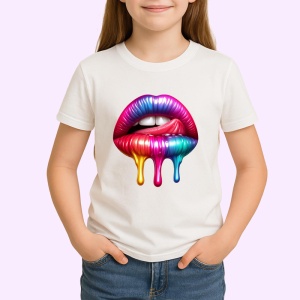 Tricou Buze roz mov cu efect lichid lucios fundal alb Copii | Dama | Barbat