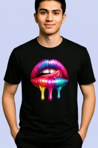 Tricou Buze roz mov cu efect lichid lucios fundal alb Copii | Dama | Barbat, culoare negru - Img 2