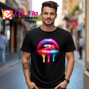 Tricou Buze roz mov cu efect lichid lucios fundal alb Copii | Dama | Barbat, culoare negru - Img 6