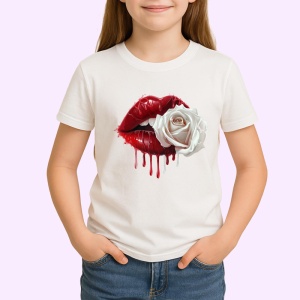 Tricou Buze stropite cu trandafir alb elegant, Lip gloss, Copii | Dama