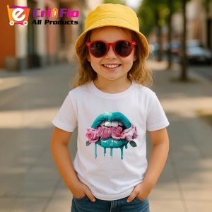 Tricou Buze turcoaz cu trandafiri roz pal, Lip gloss, Copii | Dama - Img 5