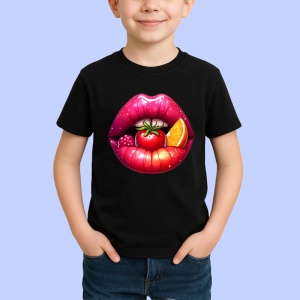Tricou Buze violet cu trandafiri roz si mov, Lip gloss, Copii | Dama, culoare negru - Img 3