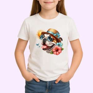 Tricou caine bulldog englez palarie flori cocktail soare, Copii | Dama | Barbat - Img 3