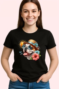 Tricou Caine bulldog englez palarie flori cocktail soare, Copii | Dama | Barbat , tricou negru - Img 3