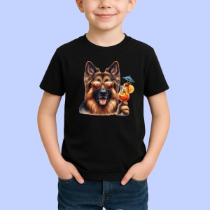 Tricou Caine ciobanesc german ochelari cocktail rosu vara, Copii | Dama | Barbat , tricou negru - Img 2