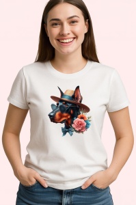 Tricou caine doberman vara palarie ochelari soare floare, Copii | Dama | Barbat - Img 4