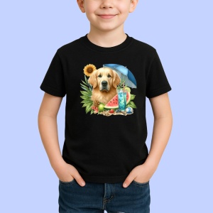 Tricou Caine golden retriever umbrela fructe vara cocktail, Copii | Dama | Barbat , tricou negru - Img 2