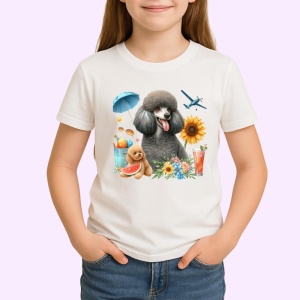 Tricou caine pudel negru cos picnic cocktail flori, Copii | Dama | Barbat - Img 3