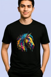 Tricou Cap cal multicolor arta vibranta cu efecte de vopsea Copii | Dama | Barbat, culoare negru - Img 2