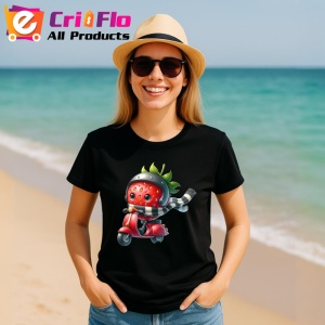 Tricou Capsuna amuzanta de vara pe scuter, Fructe, Copii | Dama, culoare negru - Img 11
