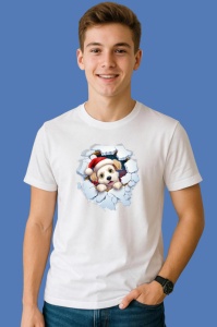Tricou Catel Cu Caciula Rosie Si Fundal Alb Craciun, din bumbac 100% Copii | Dama | Barbat - Img 2