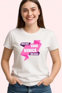 Tricou Cea Mai Buna Bunica Roz, din bumbac 100%, tricou alb, Dama | Barbat