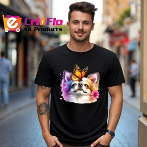 Tricou Chihuahua alb cu fluture portocaliu pe cap design de poveste Copii | Dama | Barbat, negru - Img 5