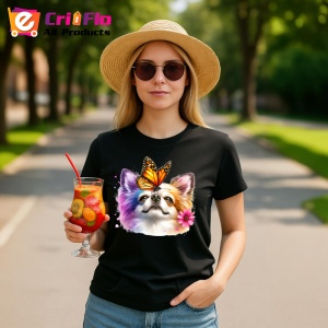 Tricou Chihuahua alb cu fluture portocaliu pe cap design de poveste Copii | Dama | Barbat, negru - Img 10