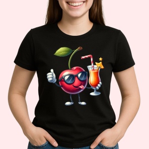 Tricou Cireasa de vara amuzanta cool summer, Fructe, Copii | Dama, culoare negru - Img 2