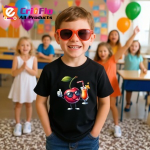Tricou Cireasa de vara amuzanta cool summer, Fructe, Copii | Dama, culoare negru - Img 4