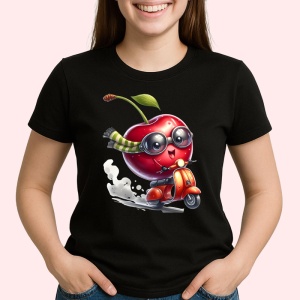 Tricou Cireasa de vara amuzanta pe scuter, Fructe, Copii | Dama, culoare negru - Img 2