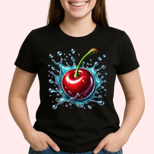 Tricou Cireasa si val acvatic proaspat, Fructe, Copii | Dama, culoare negru - Img 2